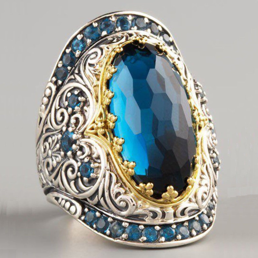Antique Silver Tone Carved Faux Sapphire Ring New
